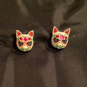 Betsey Johnson Skull Cat Earrings Rhinestones Day of the Dead